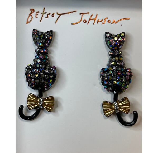 Betsey Johnson Pave Cat Stud Earrings Black Gold Tone Boo to You NEW - Picture 1 of 8